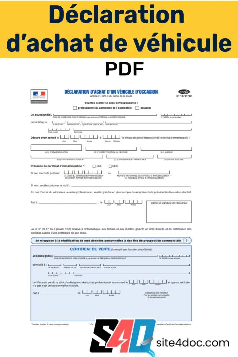 Illustration d’un formulaire de déclaration d’achat de véhicule avec un crayon, prêt à être rempli en format PDF.