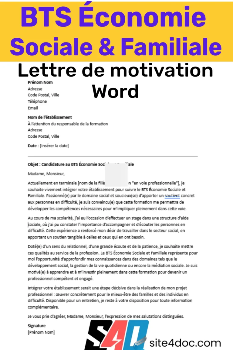 Exemple de lettre de motivation pour le BTS Économie Sociale et Familiale, modèle Word à télécharger