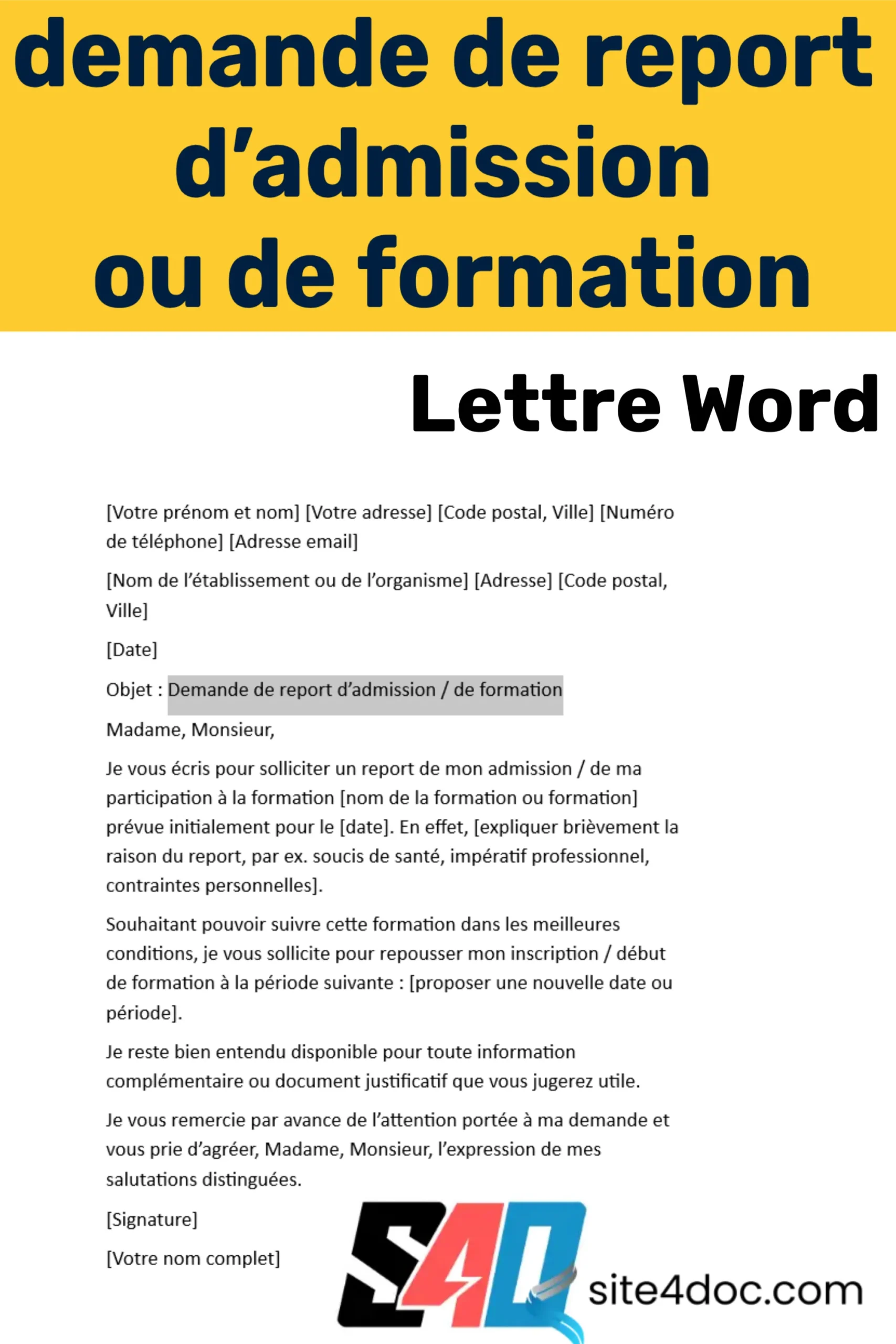Exemple d’une lettre de demande de report d’admission ou de formation rédigée sur un ordinateur, avec un modèle Word affiché à l’écran.