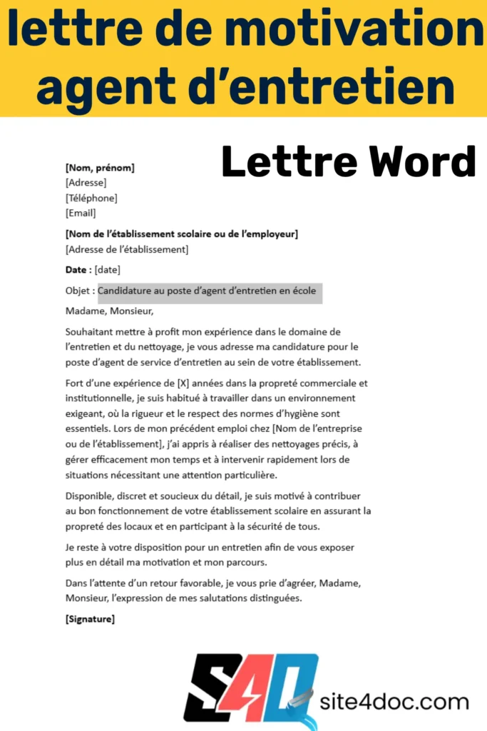 Exemple de lettre de motivation pour agent d’entretien en école, prêt à télécharger en format Word