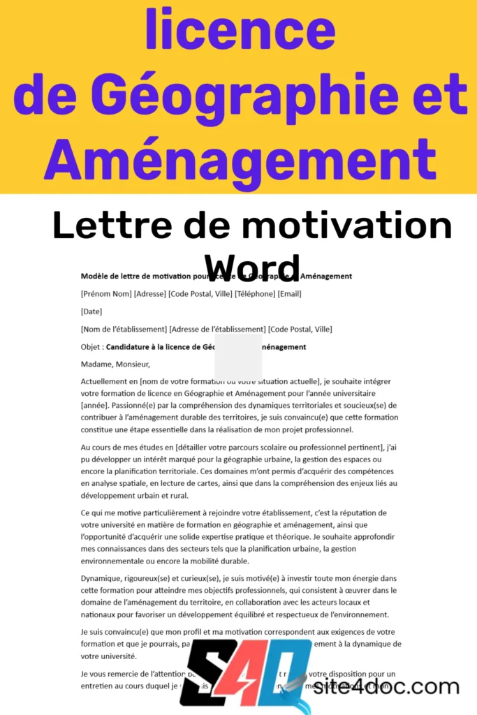 Exemple de modèle de lettre de motivation pour une demande d'admission en licence de Géographie et Aménagement au format Word, avec un stylo et un ordinateur portable en arrière-plan.