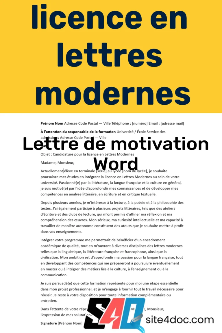 Exemple de modèle de lettre de motivation pour une licence en lettres modernes, prêt à être téléchargé en format Word