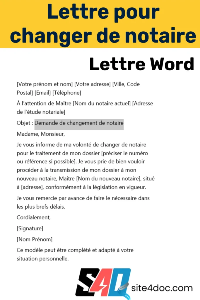 Modèle de lettre gratuit en format Word pour changer de notaire, illustration d’un document administratif à télécharger facilement