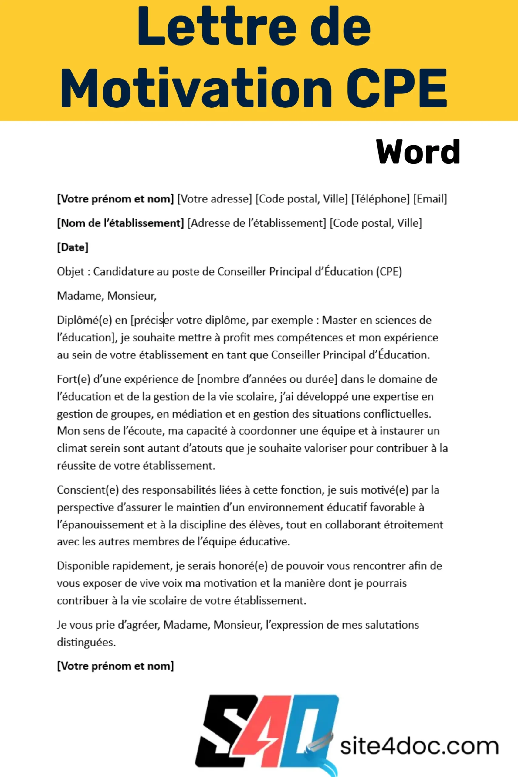 Couverture représentant une lettre de motivation standard pour le poste de CPE, avec un clavier d'ordinateur et un modèle Word visible.