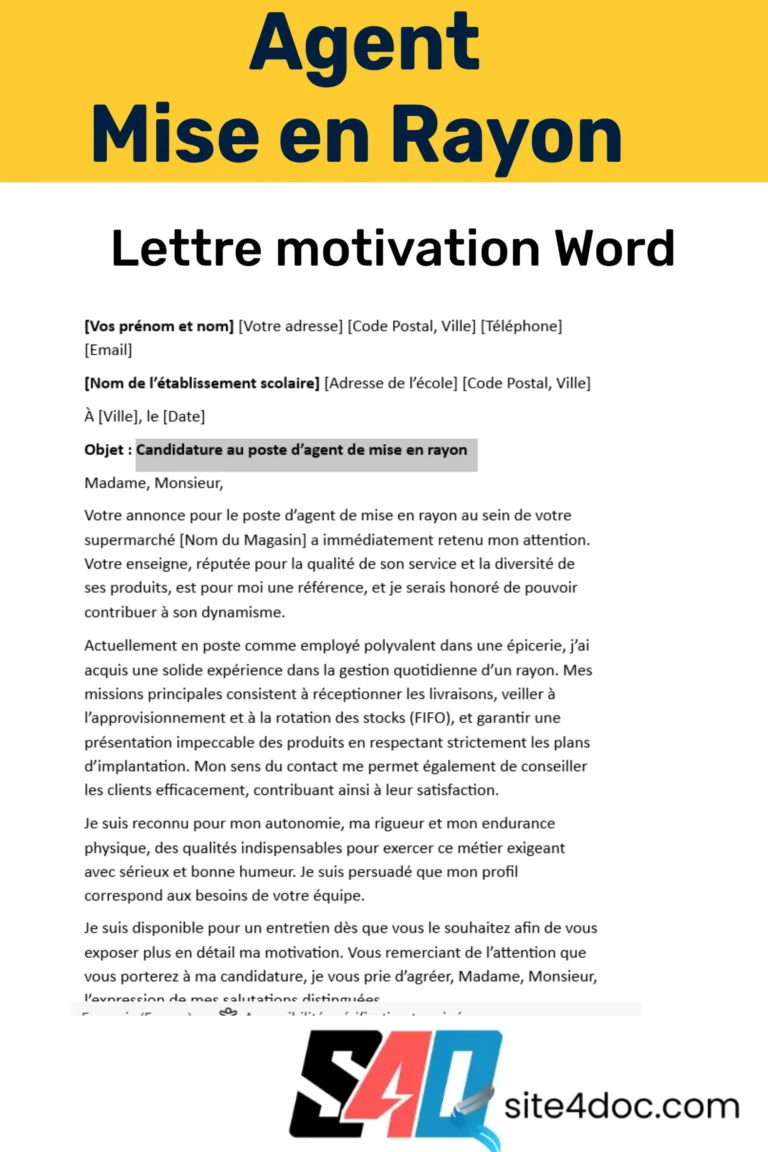Exemple de lettre de motivation percutante pour un poste en mise en rayon, rédigée dans un document Word prêt à télécharger