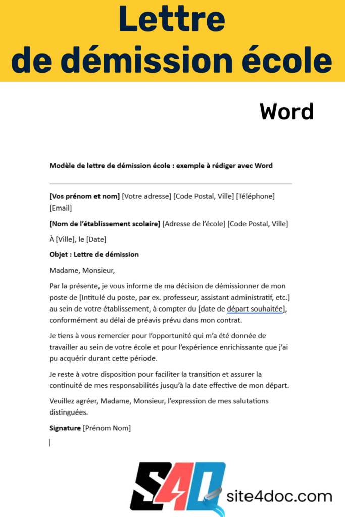 Modèle de lettre de démission pour une école en format Word. Un guide pratique pour une démarche professionnelle et claire lors de votre départ.