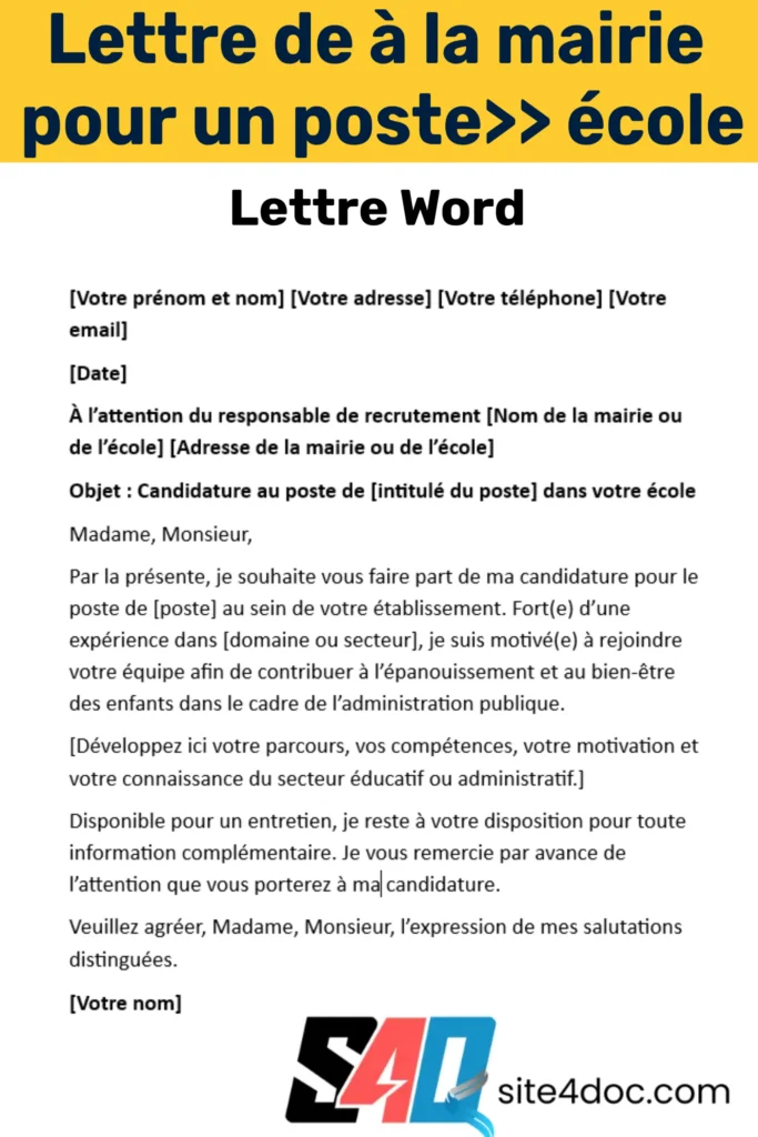 Exemple de lettre de motivation type à envoyer à la mairie pour postuler à un poste dans une école, au format Word