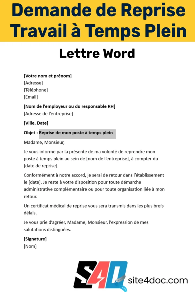 Modèle de lettre de reprise du travail à temps plein au format Word, prêt à télécharger et personnaliser.