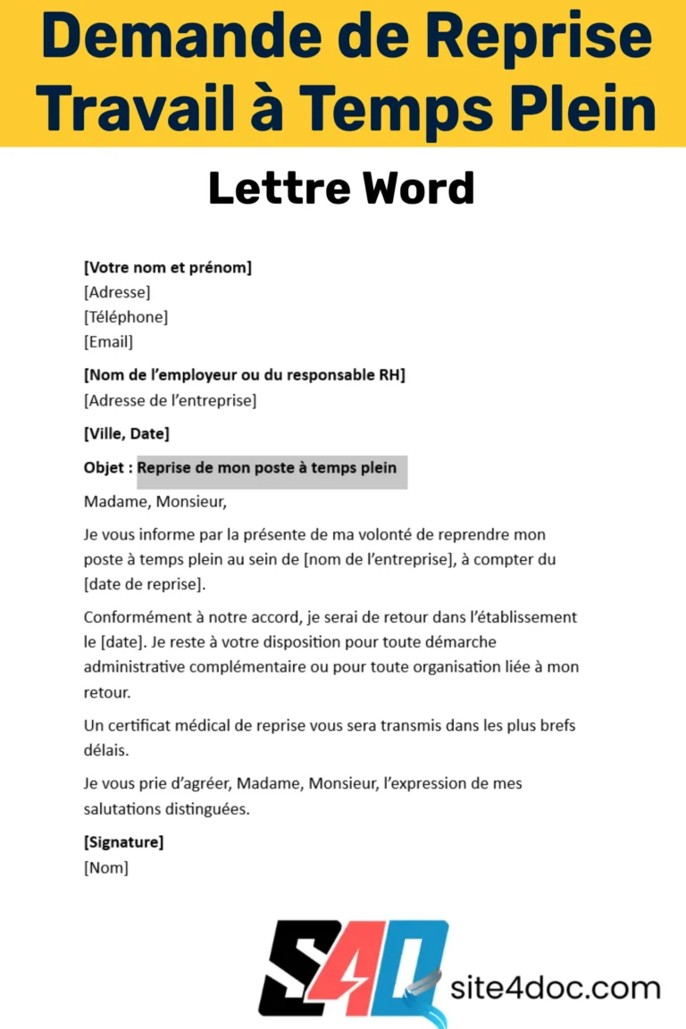 Modèle de lettre de reprise du travail à temps plein au format Word, prêt à télécharger et personnaliser.