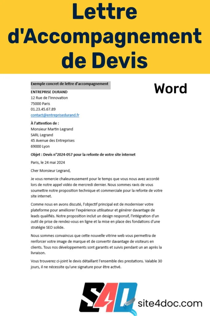 Exemple de lettre d'accompagnement de devis en format Word, affichant un document professionnel prêt à être téléchargé pour accompagner une proposition commerciale.