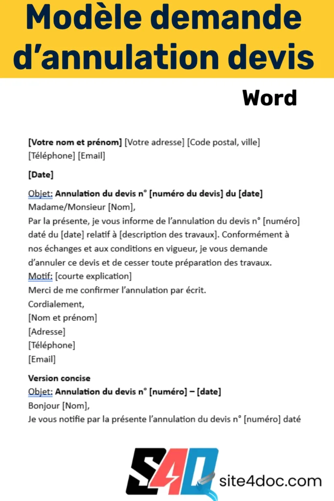 Image d’un document Word affiché sur ordinateur, avec un en-tête “Devis travaux” et du texte mis en forme, symbolisant un modèle de lettre d’annulation ou de rétractation.