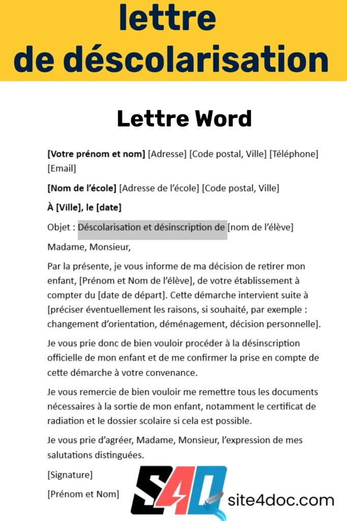 Modèle de lettre de déscolarisation à télécharger au format Word, illustré avec un stylo et un ordinateur portable