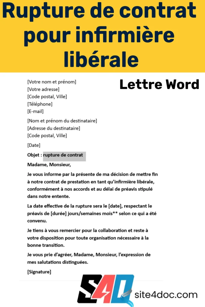 Modèle de lettre de rupture de contrat pour infirmière libérale au format Word, affiché sur un ordinateur portable avec un document ouvert.