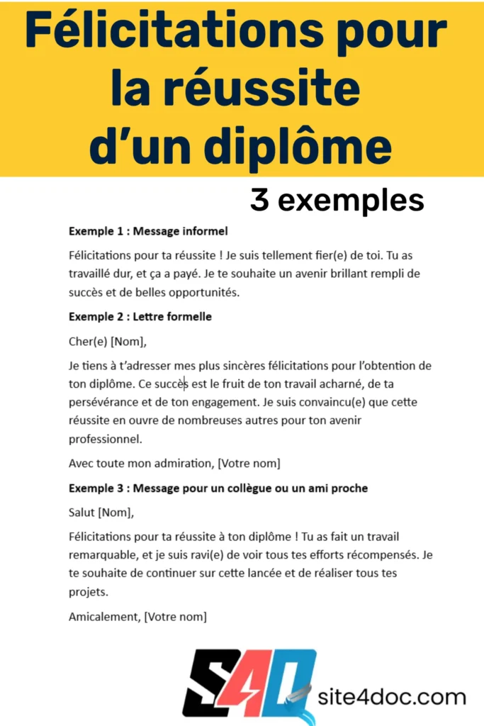 Exemple de lettre ou message de félicitations pour la réussite d’un diplôme, disponible en format Word.