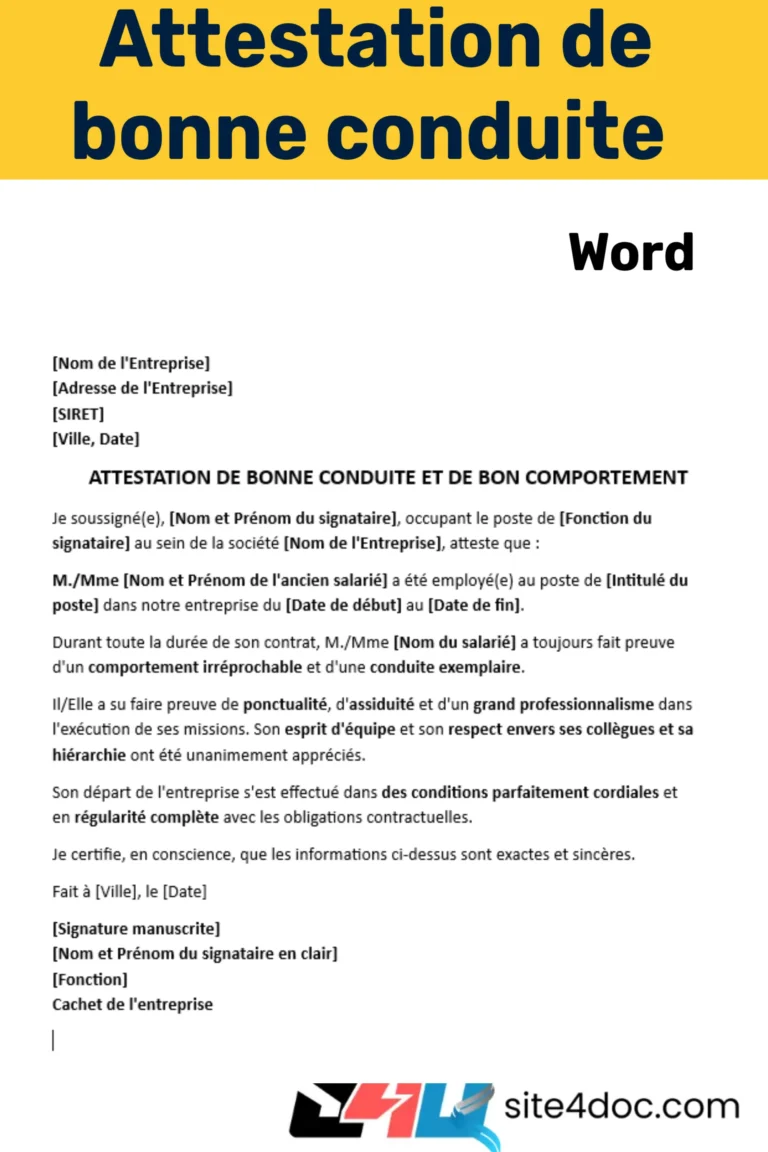 Modèle Word gratuit d'attestation de bonne conduite et de bon comportement d'un salarié, prêt à télécharger et à personnaliser. Document professionnel et officiel.