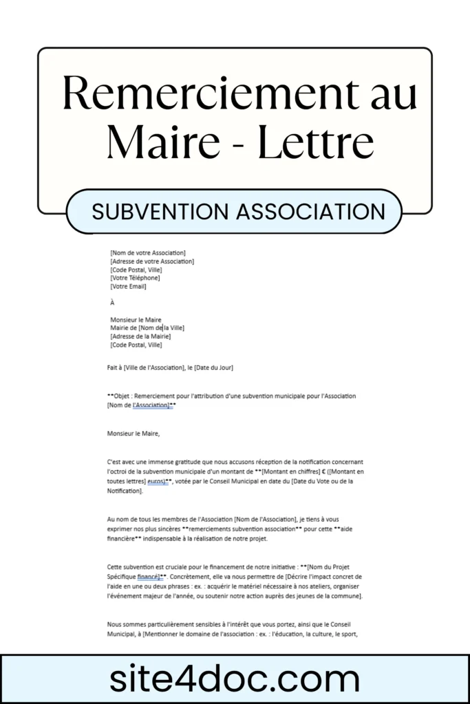 Modèle Gratuit Lettre de Remerciement au Maire pour Subvention Association