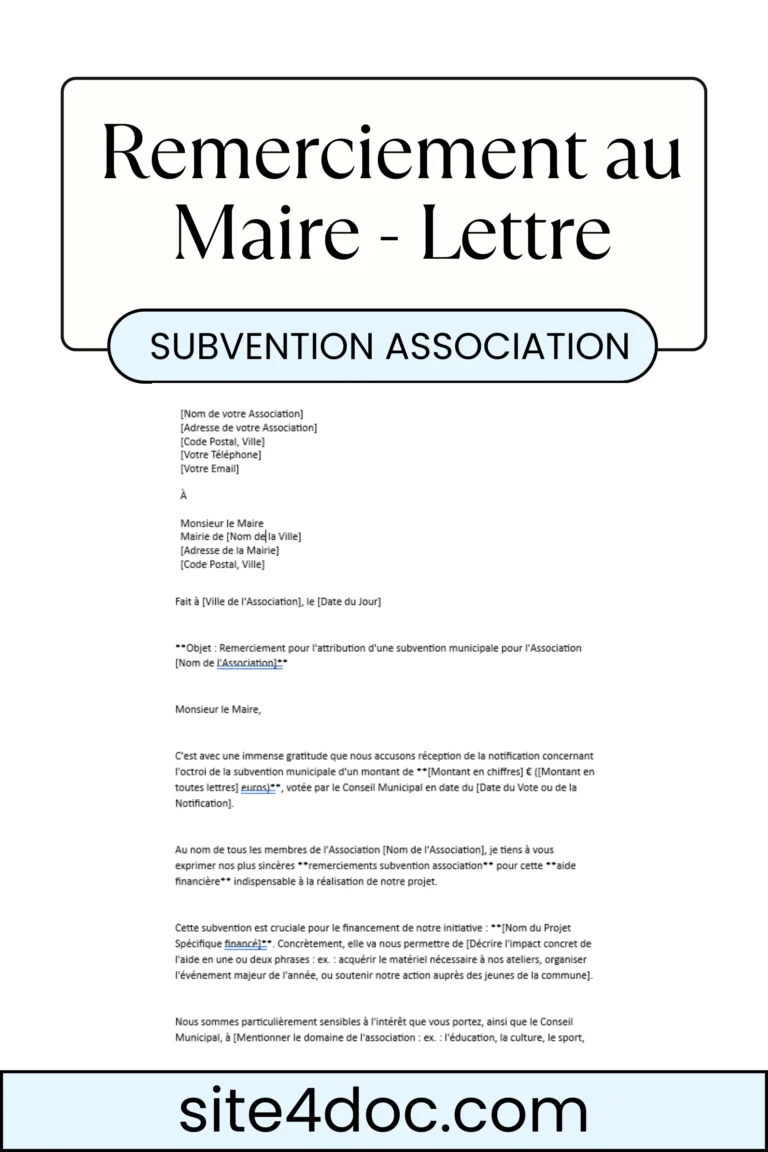 Modèle Gratuit Lettre de Remerciement au Maire pour Subvention Association
