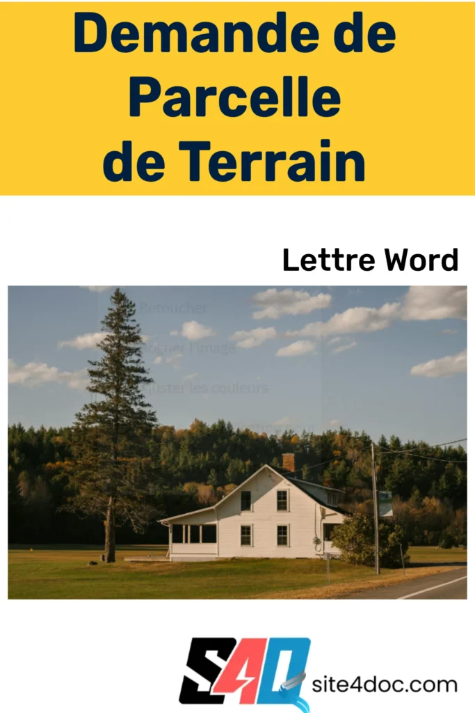Image de couverture d’un guide intitulé "Modèle de Lettre au Maire : Demande de Parcelle de Terrain en Word", illustrant un document formel avec un terrain en arrière-plan.