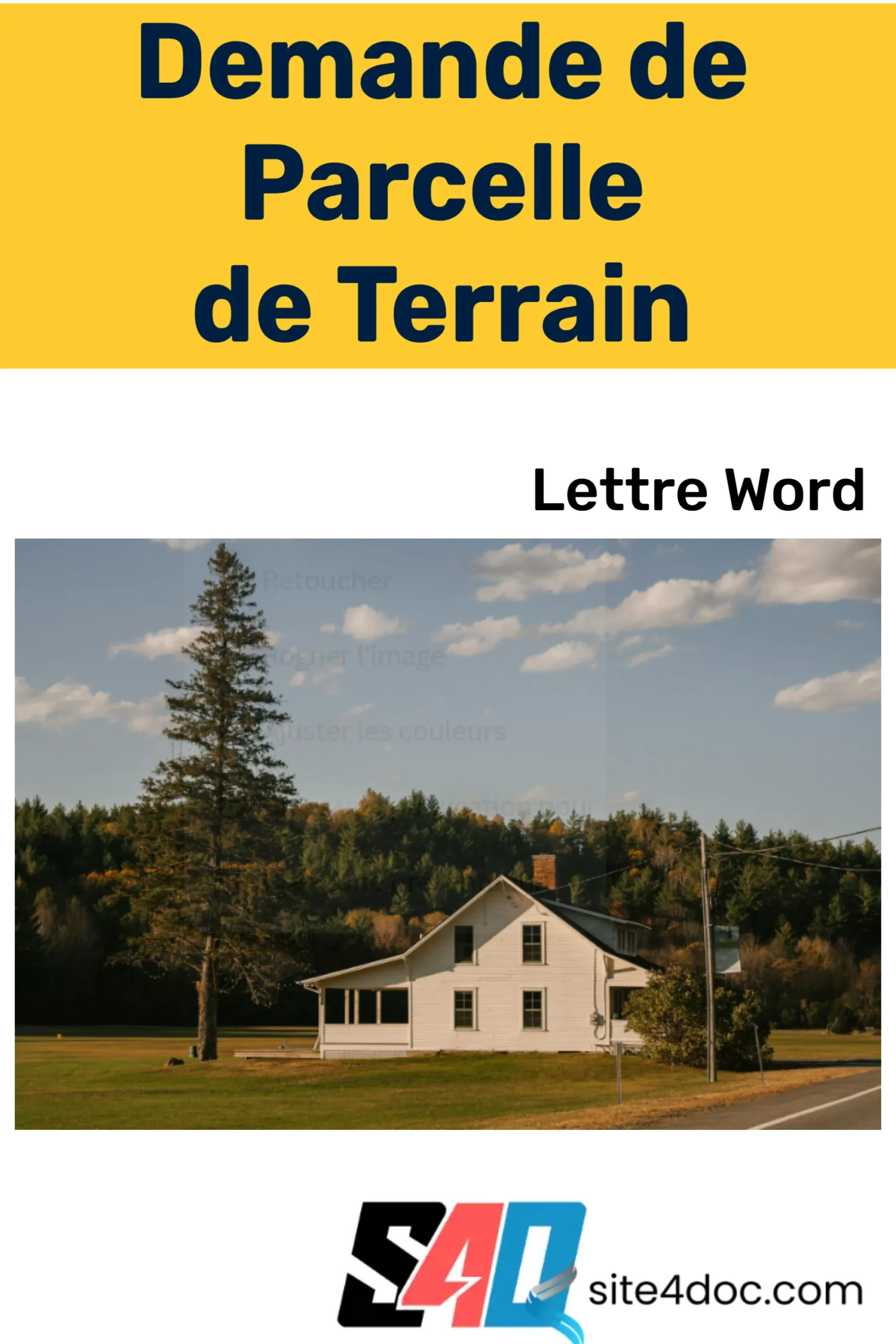 Image de couverture d’un guide intitulé "Modèle de Lettre au Maire : Demande de Parcelle de Terrain en Word", illustrant un document formel avec un terrain en arrière-plan.
