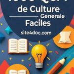 Mockup numérique du guide PDF "1000 QCM de Culture Générale FACILES" montrant un aperçu des questions et réponses expliquées, optimisé pour la révision des concours.