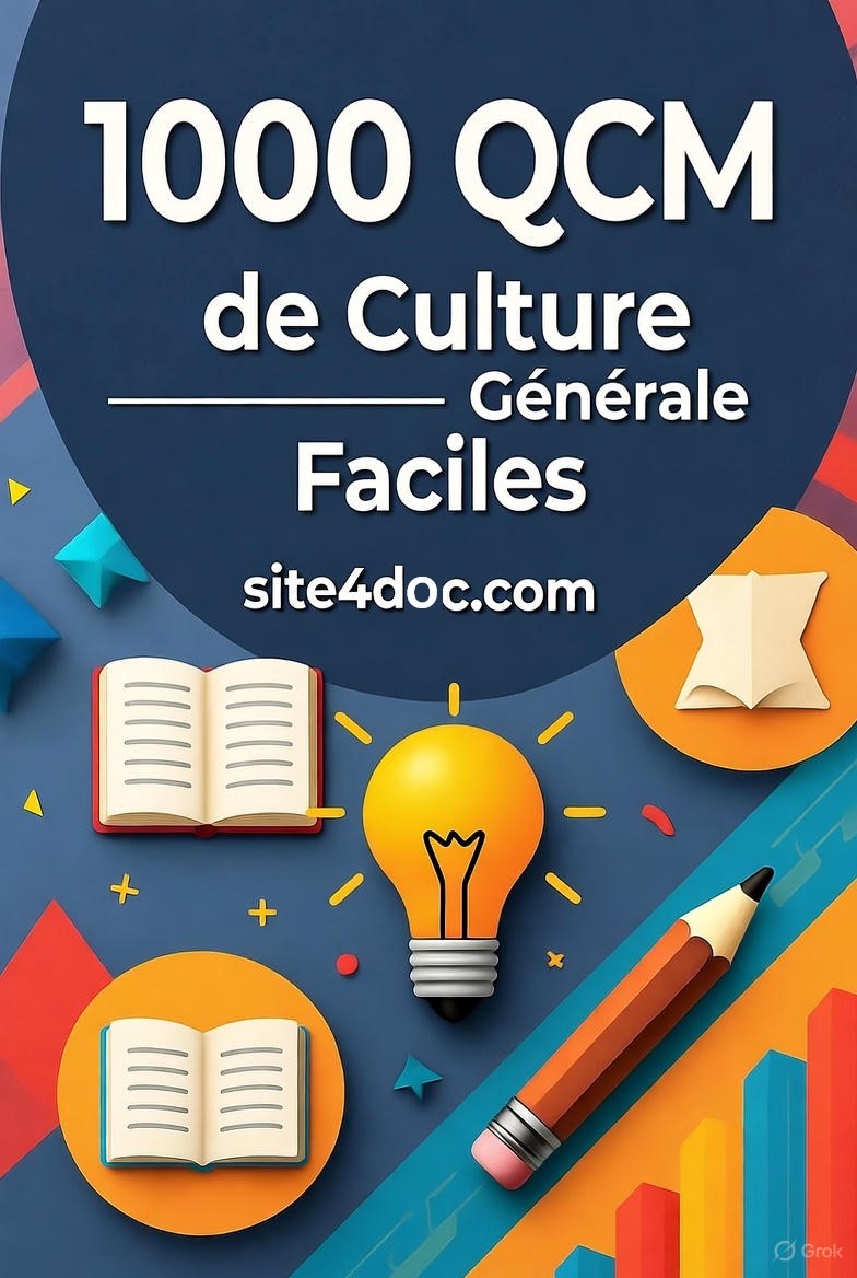 Mockup numérique du guide PDF "1000 QCM de Culture Générale FACILES" montrant un aperçu des questions et réponses expliquées, optimisé pour la révision des concours.