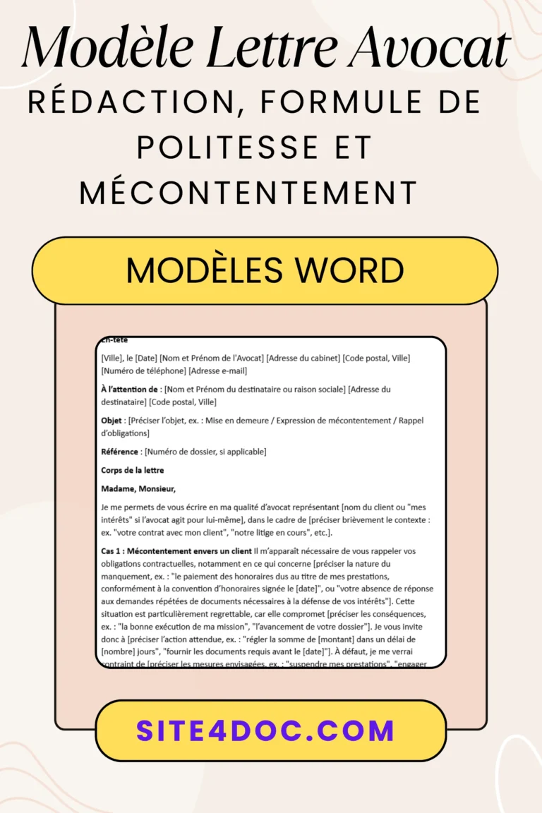 Modèle Lettre Avocat : Rédaction, Formule de Politesse et Mécontentement (Client / Partie Adverse) 3 Modèle de lettre à un avocat sur fond blanc, avec texte structuré, en-tête, et espace pour téléchargement en Word.