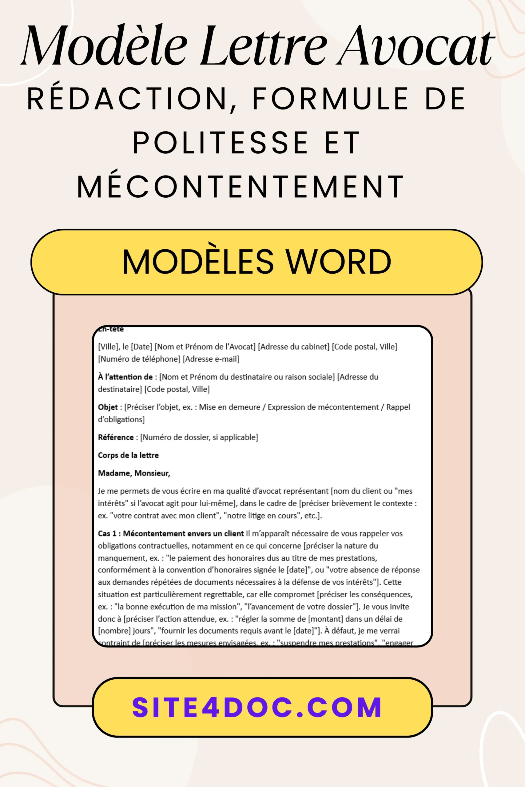 Modèle de lettre à un avocat sur fond blanc, avec texte structuré, en-tête, et espace pour téléchargement en Word.