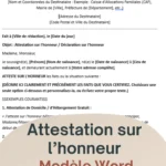 Capture d'écran de l'attestation sur l'honneur affichant les options de téléchargement PDF et Word.