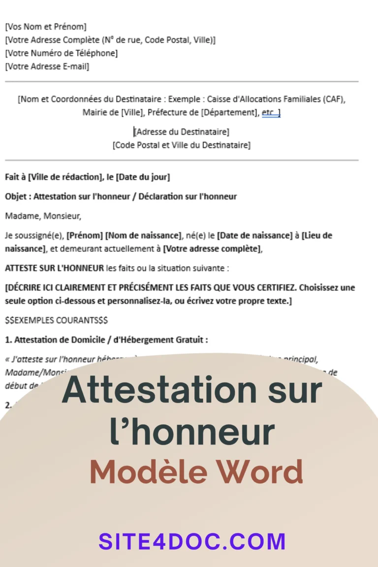 Capture d'écran de l'attestation sur l'honneur affichant les options de téléchargement PDF et Word.