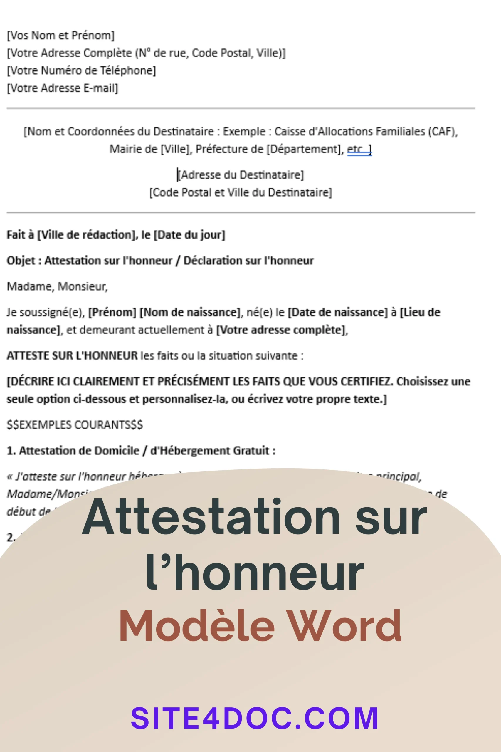 Capture d'écran de l'attestation sur l'honneur affichant les options de téléchargement PDF et Word.