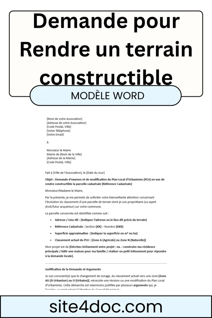 Modèle de lettre de demande pour rendre un terrain constructible à la mairie au format Word.