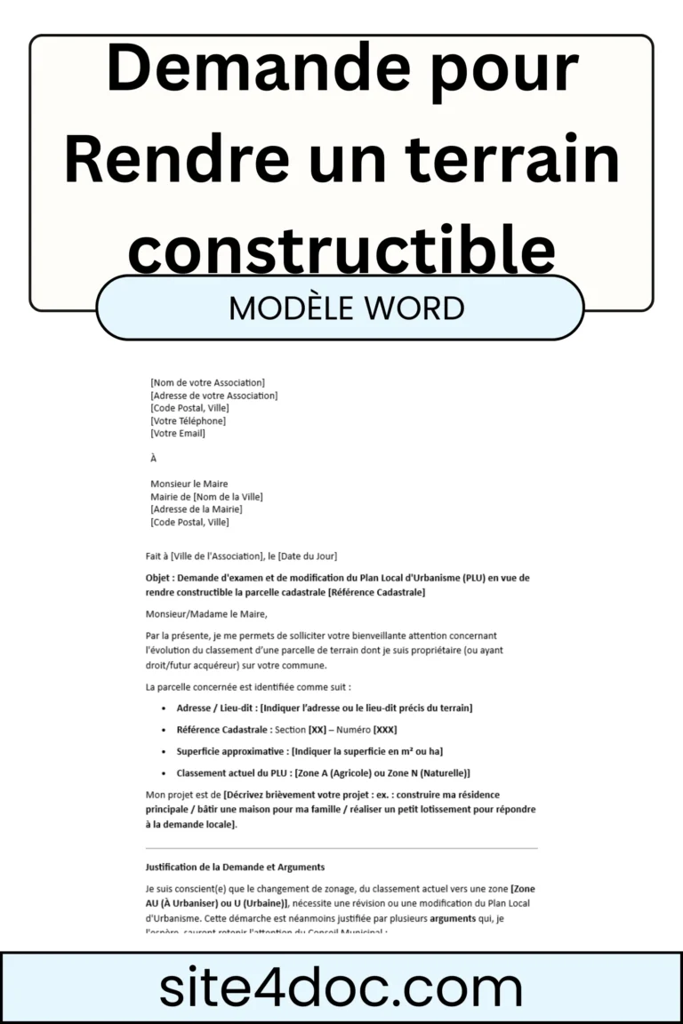 Modèle de lettre de demande pour rendre un terrain constructible à la mairie au format Word.
