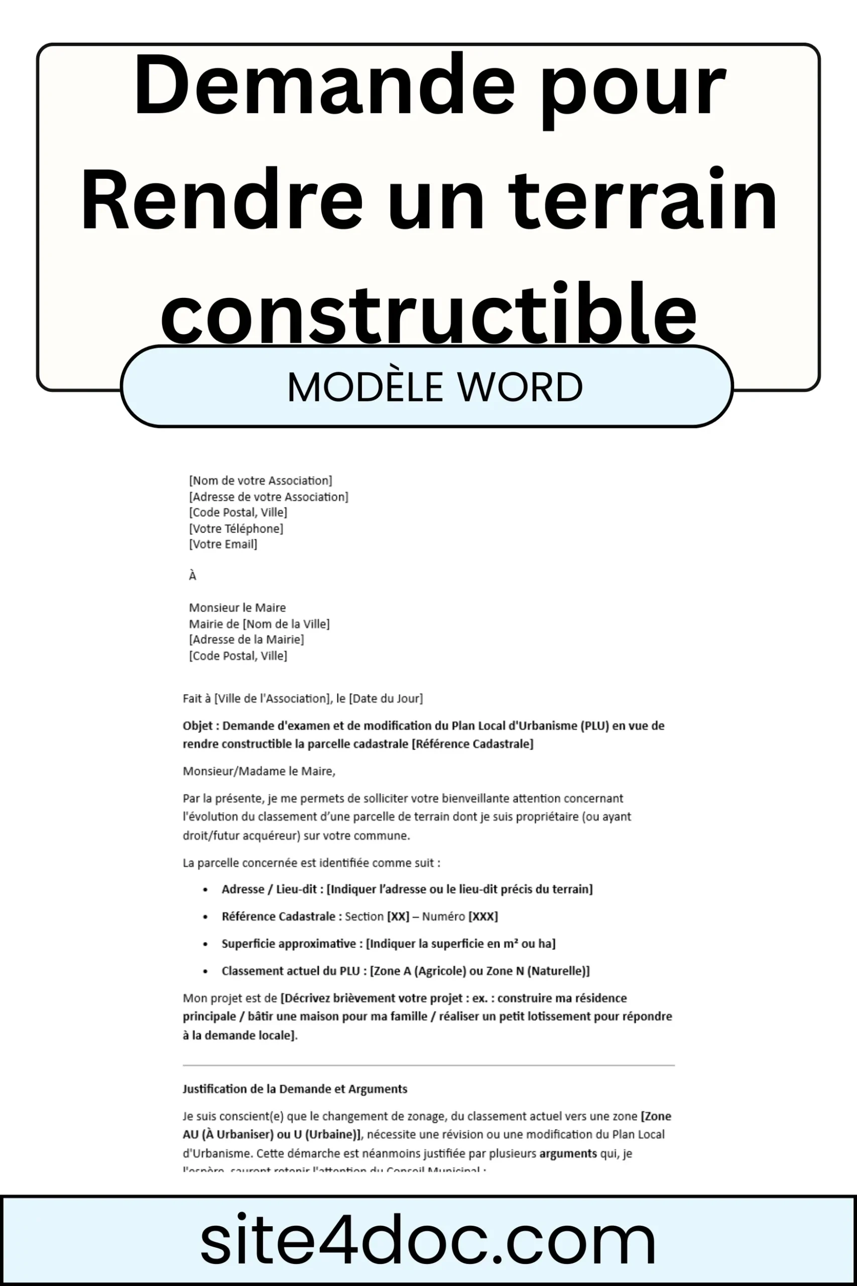 Modèle de lettre de demande pour rendre un terrain constructible à la mairie au format Word.