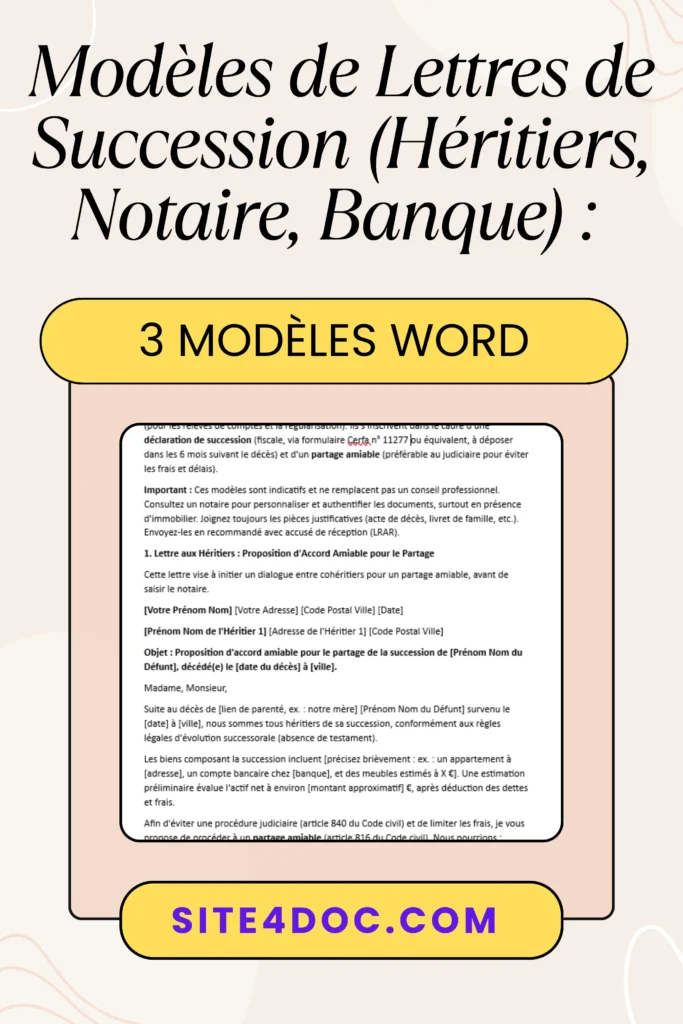 Image succession : Documents sur table festive, modèle lettre héritiers Word gratuit. Documents juridiques pour succession sur table festive, symbolisant déclaration et partage amiable.