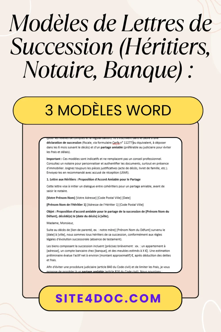 Modèles de Lettres de Succession (Héritiers, Notaire, Banque) : Déclaration & Partage Amiable Gratuit 5 Documents juridiques pour succession sur table festive, symbolisant déclaration et partage amiable.