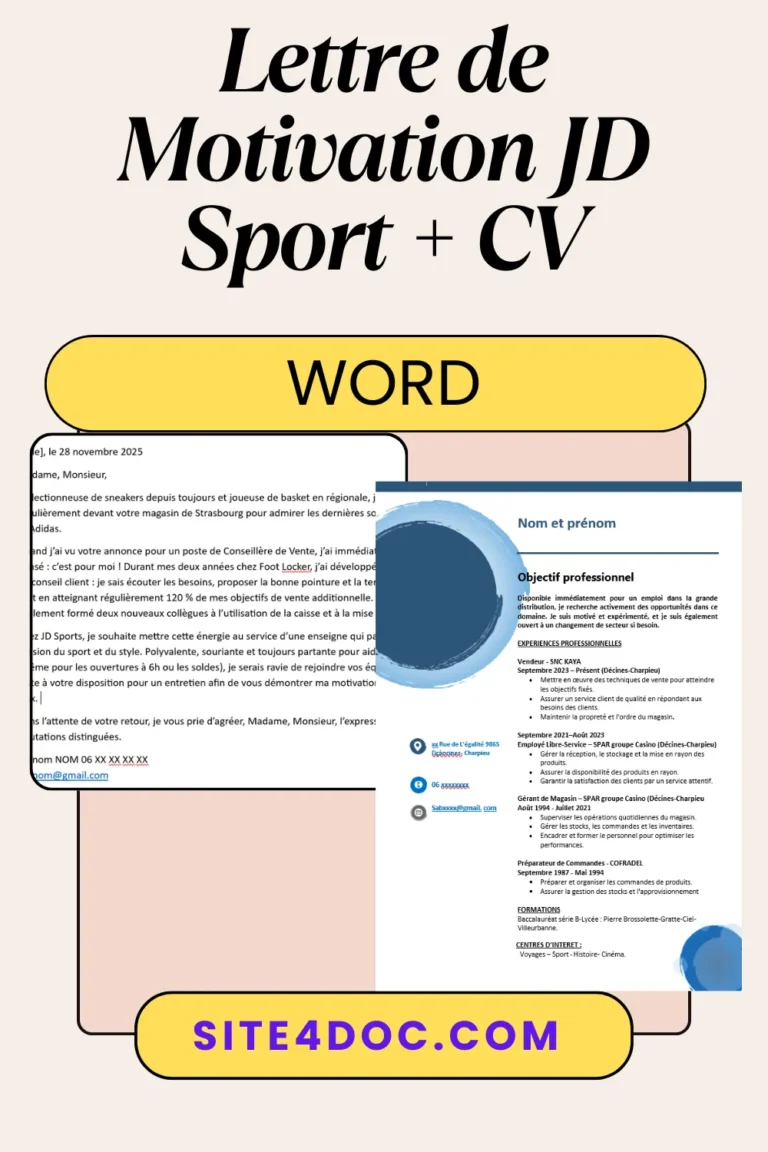 Lettre de Motivation JD Sport : L'Exemple Parfait pour Postuler en Magasin (+ CV Associé) 1 xemple lettre de motivation JD Sports et CV vendeur magasin prêt-à-porter sportif