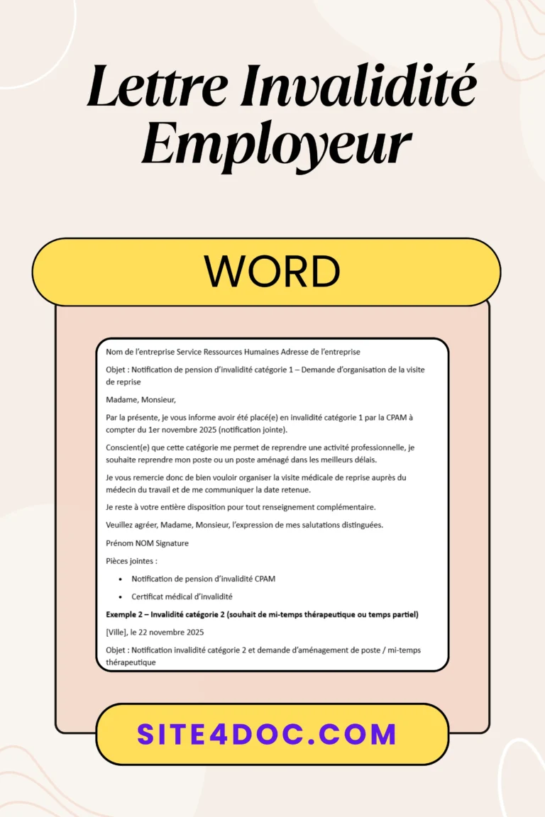 Modèle de Lettre Invalidité Employeur : Exemple Gratuit et Conseils 8 Modèle de lettre invalidité employeur prêt à télécharger en PDF avec conseils pratiques