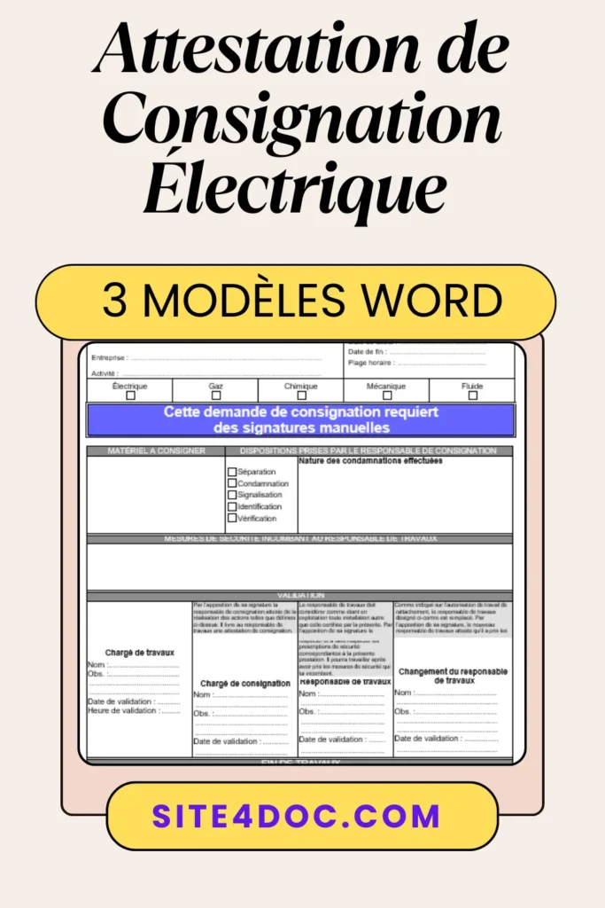 Modèle d'attestation de consignation électrique pour travaux sécurisés.