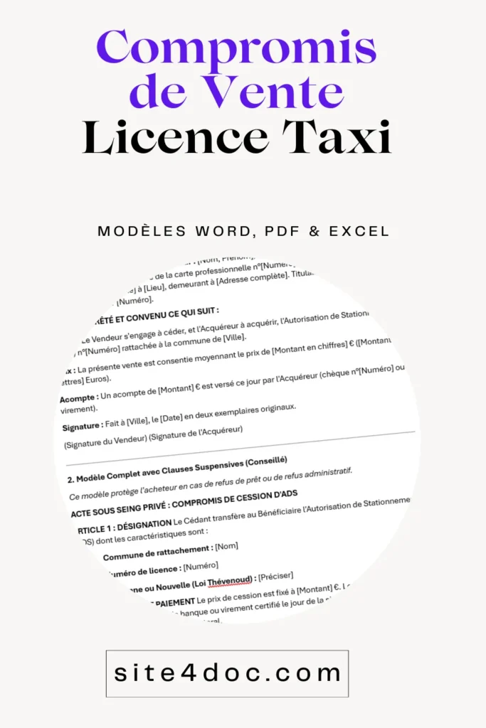 Modèle de compromis de vente pour licence de taxi au format papier et numérique.