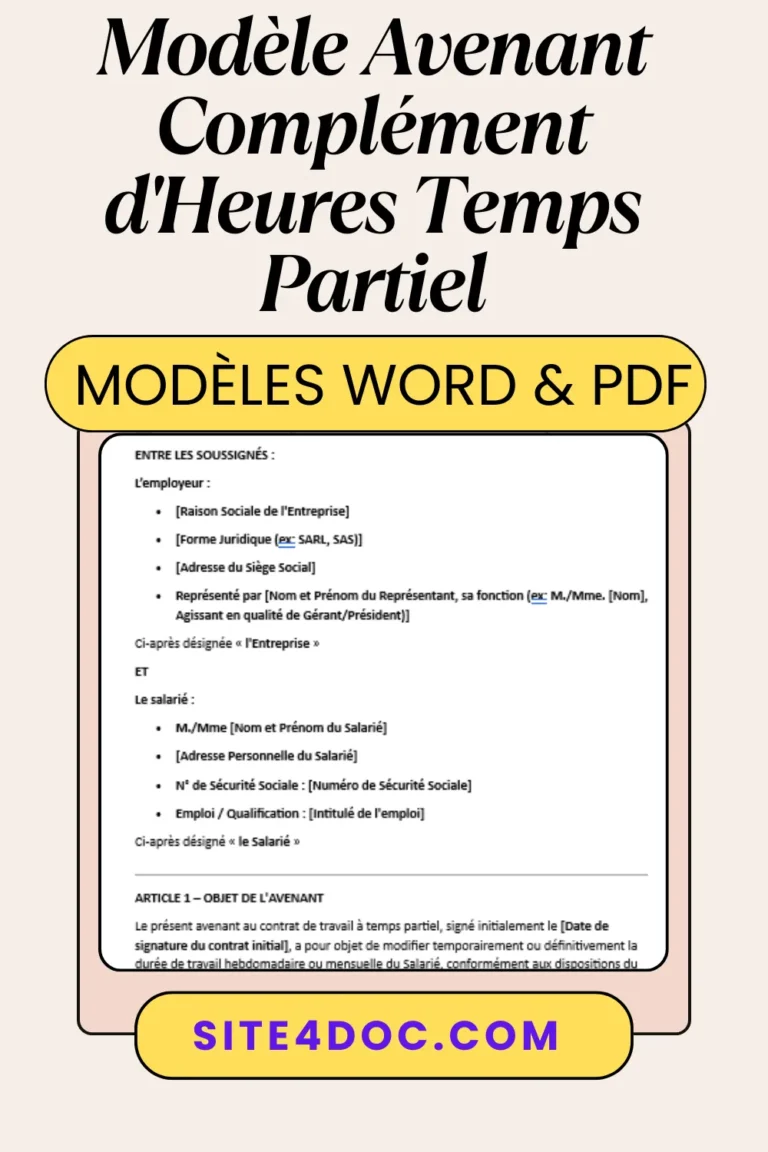 Modèle d’avenant au contrat de travail à temps partiel, prêt à remplir et à signer, en formats Word et PDF.