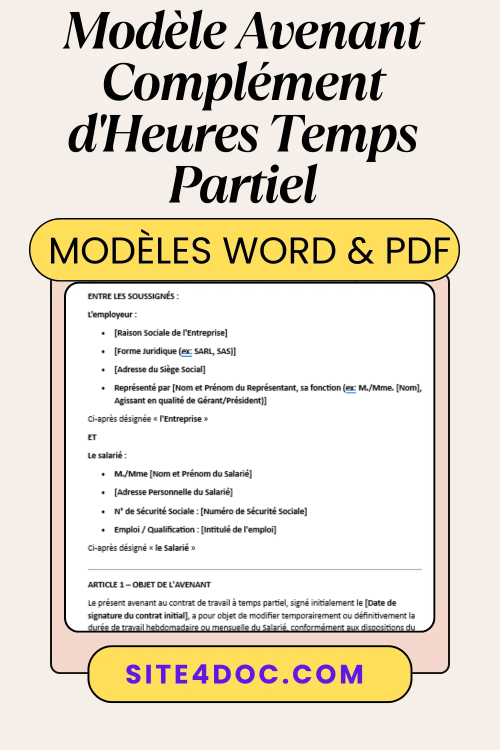 Modèle d’avenant au contrat de travail à temps partiel, prêt à remplir et à signer, en formats Word et PDF.