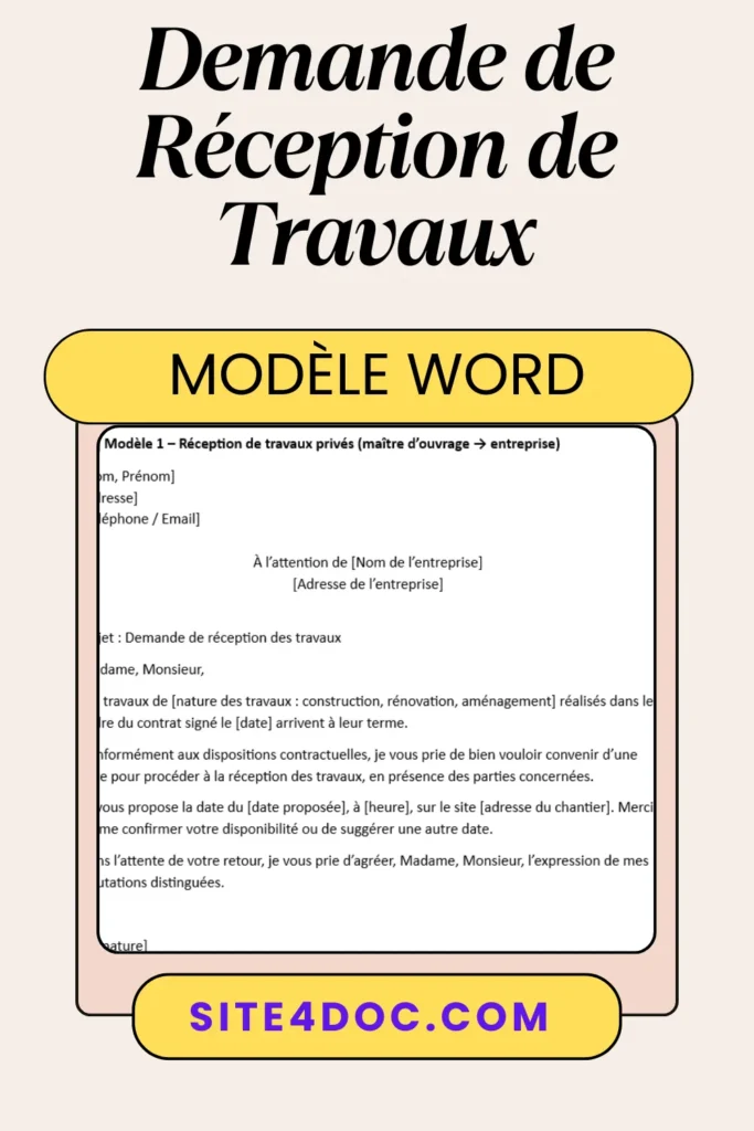 Modèle de document pour réception de travaux en construction.