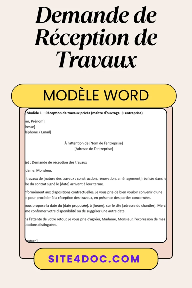 Modèle de document pour réception de travaux en construction.