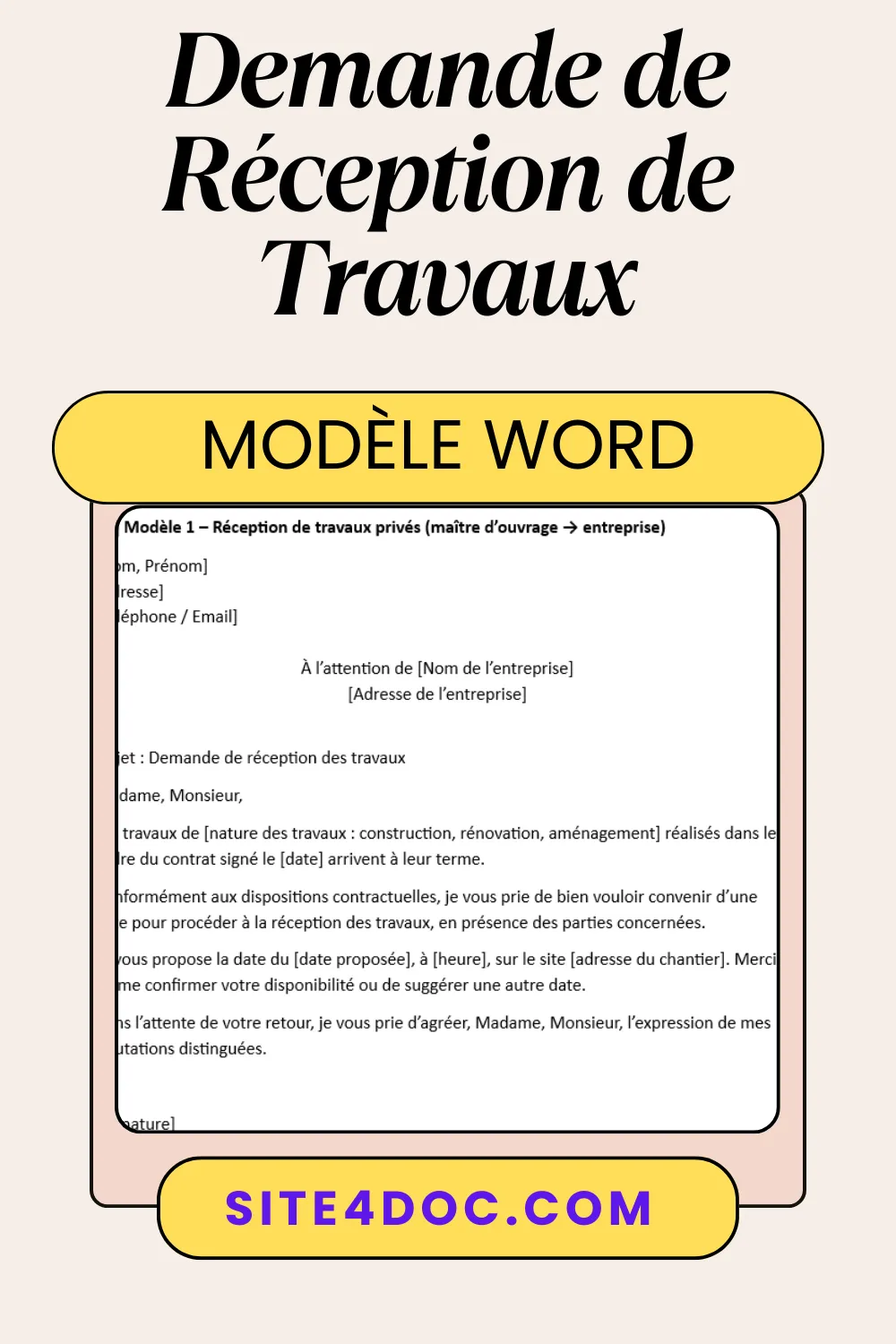 Modèle de document pour réception de travaux en construction.