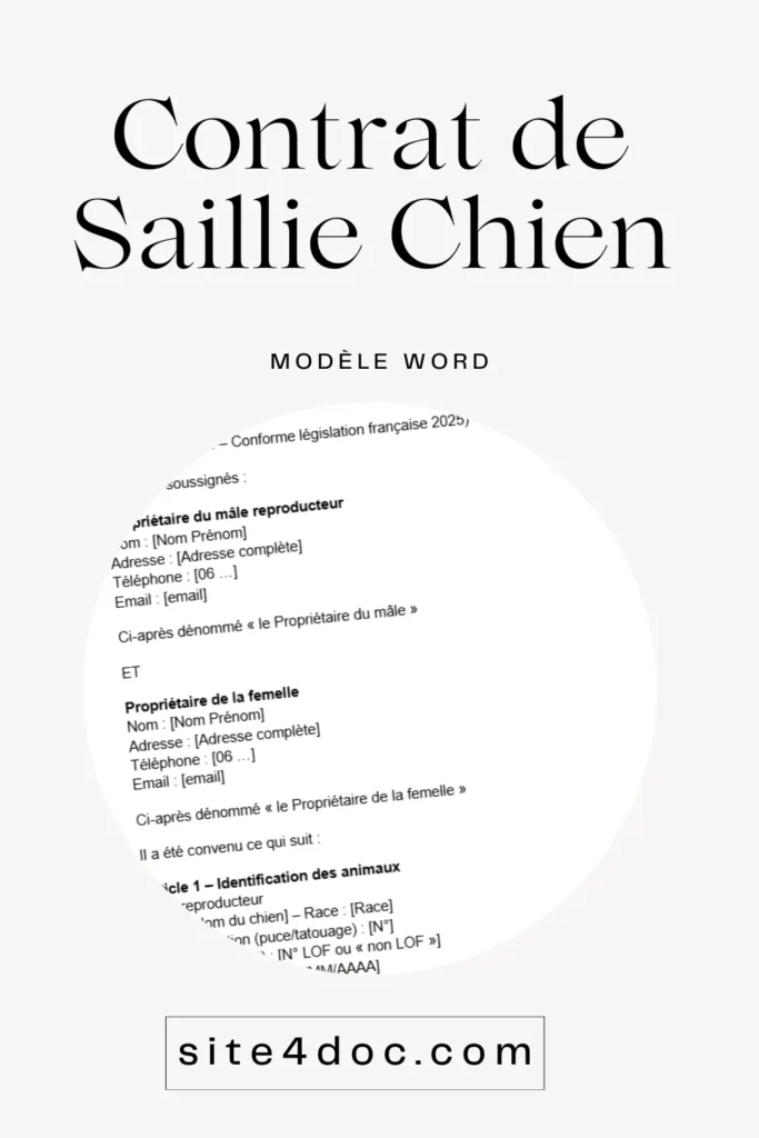 Contenu illustrant un document formel lié à la reproduction canine, avec éléments textuels et visuels évoquant des accords entre propriétaires d'animaux.