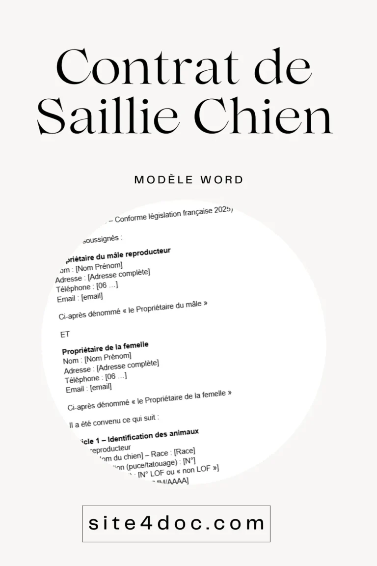 Contenu illustrant un document formel lié à la reproduction canine, avec éléments textuels et visuels évoquant des accords entre propriétaires d'animaux.