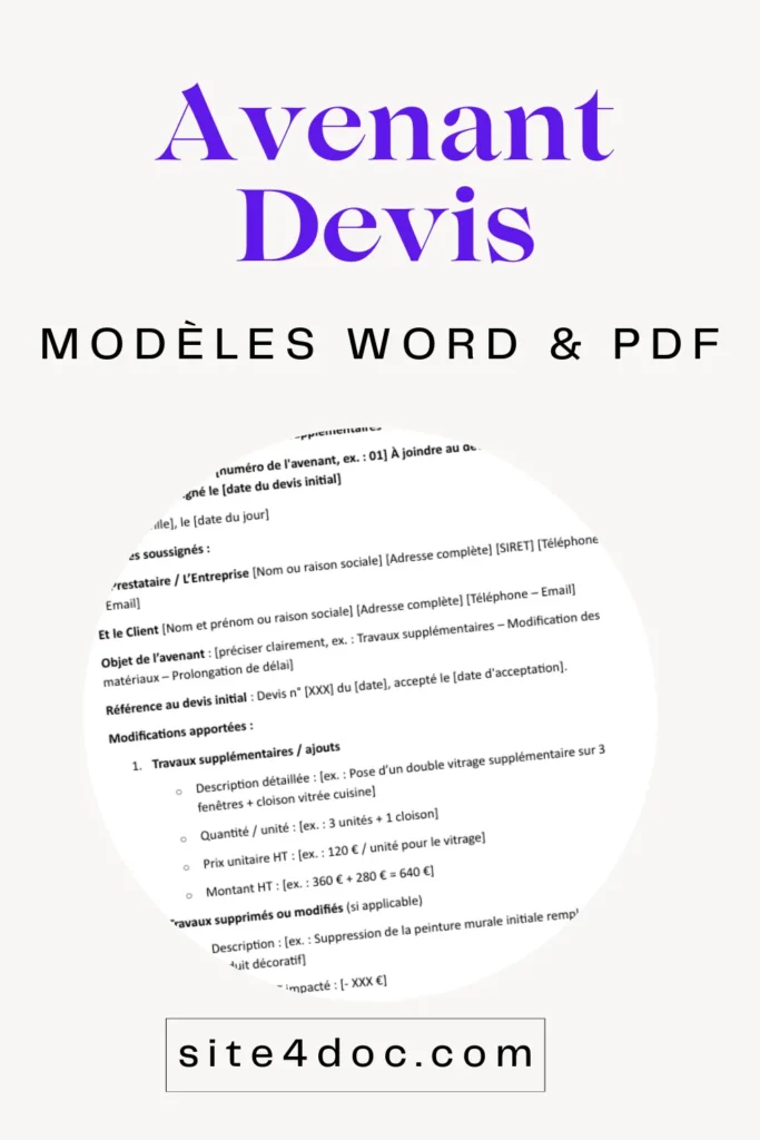 Mod&egrave;le d'avenant au devis gratuit illustr&eacute;