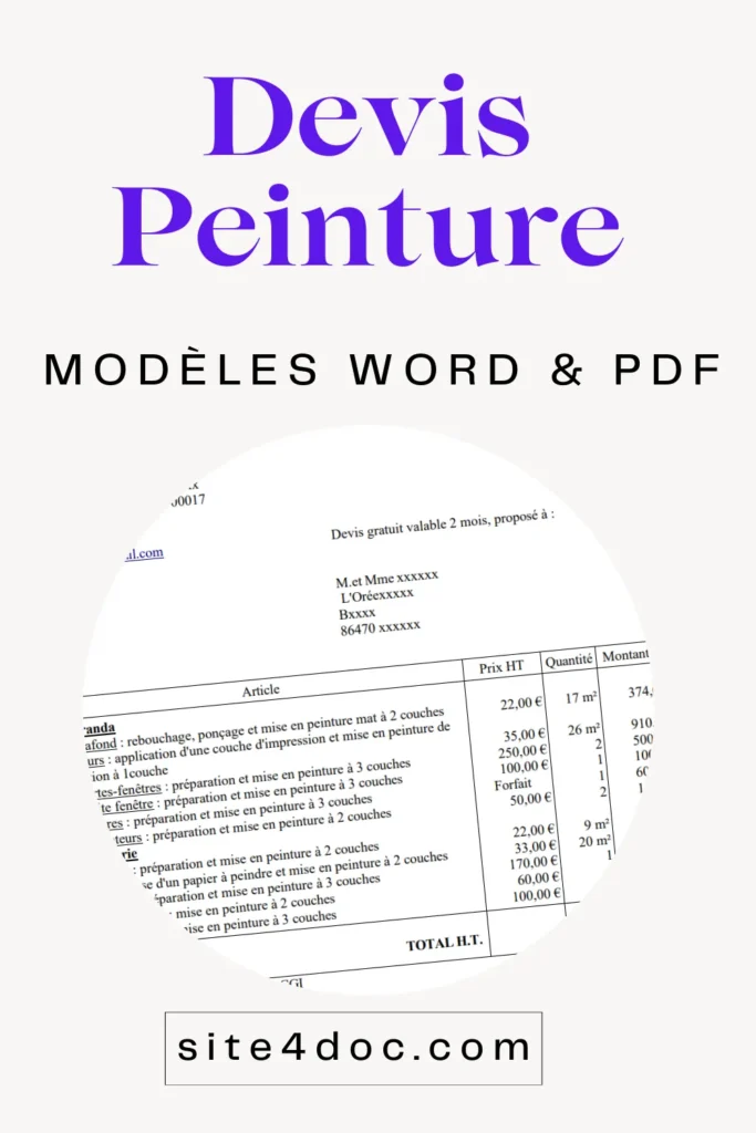 Exemple de mod&egrave;le de devis peinture professionnel rempli avec d&eacute;tail des travaux, prix unitaires et total TTC