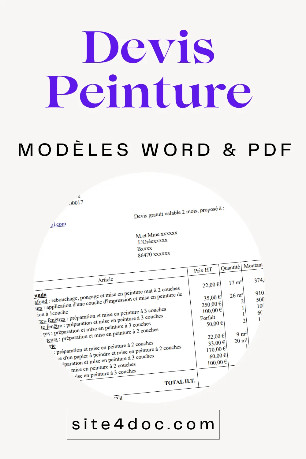 Exemple de modèle de devis peinture professionnel rempli avec détail des travaux, prix unitaires et total TTC