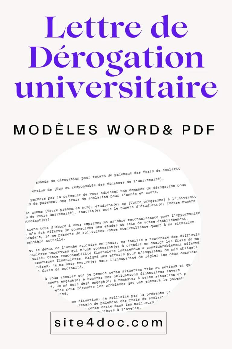 Modèle de Lettre de Dérogation universitaire Gratuit : Exemple Word et PDF 1 Contenu illustrant un modèle de lettre de dérogation universitaire.